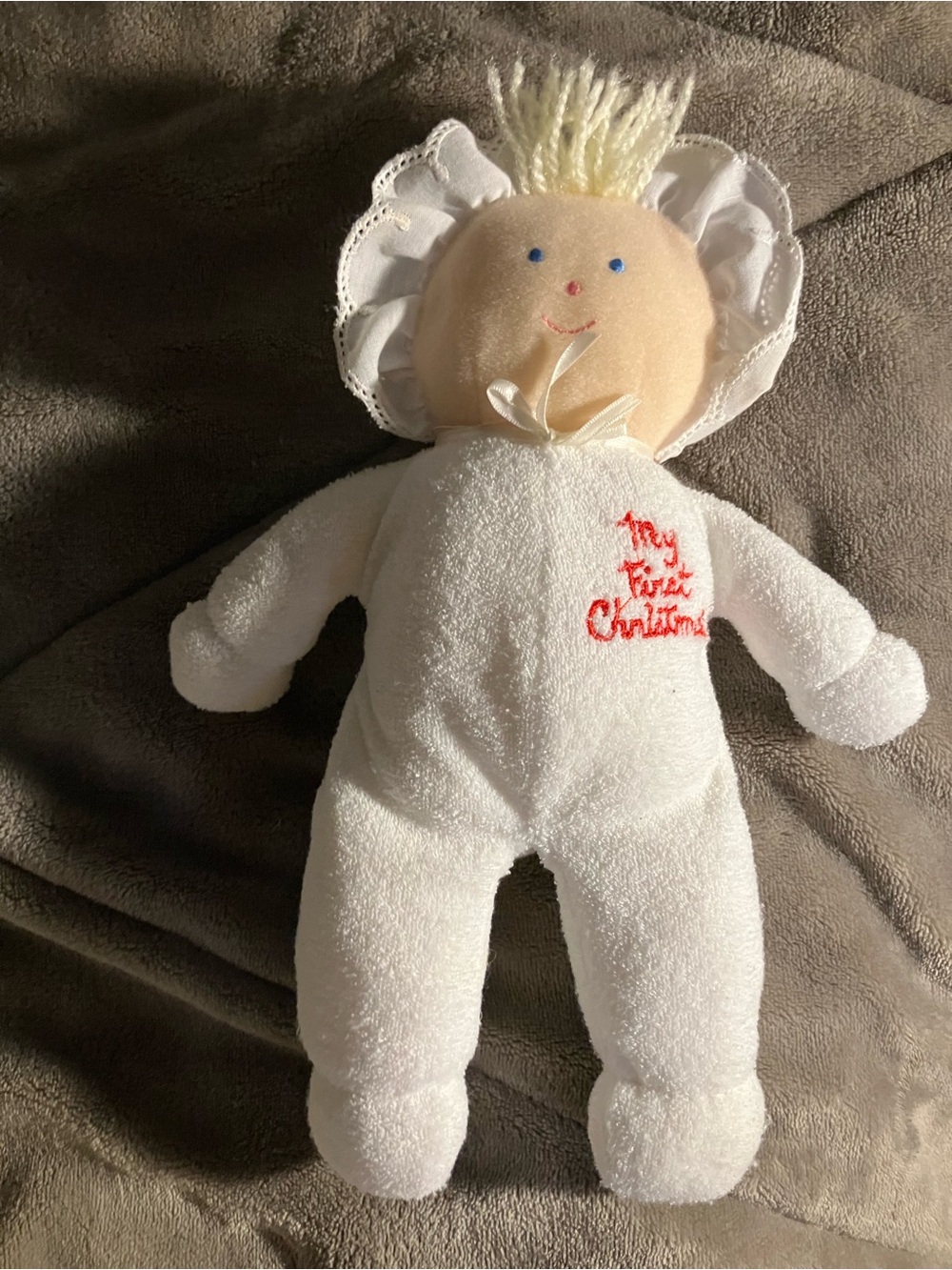 Eden My First Christmas Doll White Red Heart Flower Hat Terry Plush 10” Vintage